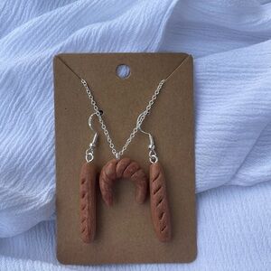Handmade Polymer Clay Baguette Earrings and Croissant Necklace Unique Set
